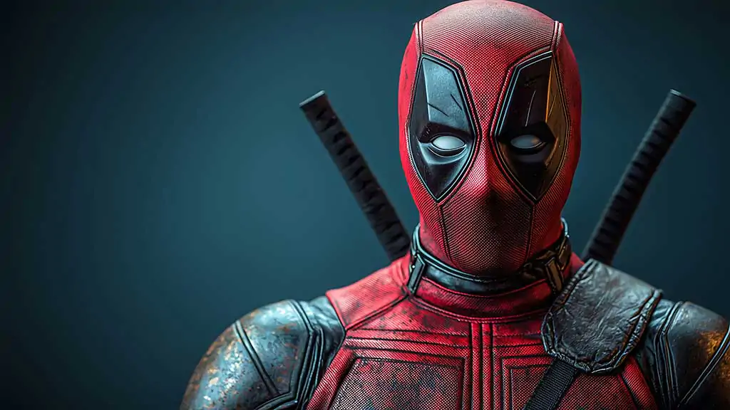 Fond d'écran portrait studio Deadpool 4K avec costume détaillé, style de photographie professionnelle Ultra HD pour ordinateur de bureau et mobile