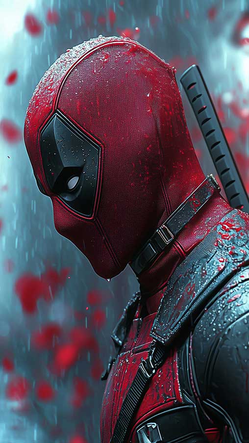 Fond d'écran Deadpool 4K dans une scène de pluie avec un éclairage dramatique en arrière-plan cinématographique Ultra HD pour ordinateur de bureau et mobile