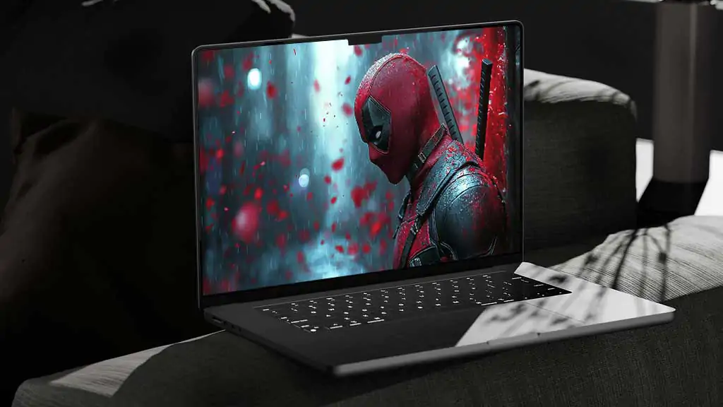 Deadpool 4K wallpaper in rain scene with dramatic lighting cinematic Background Ultra HD for desktop and mobile