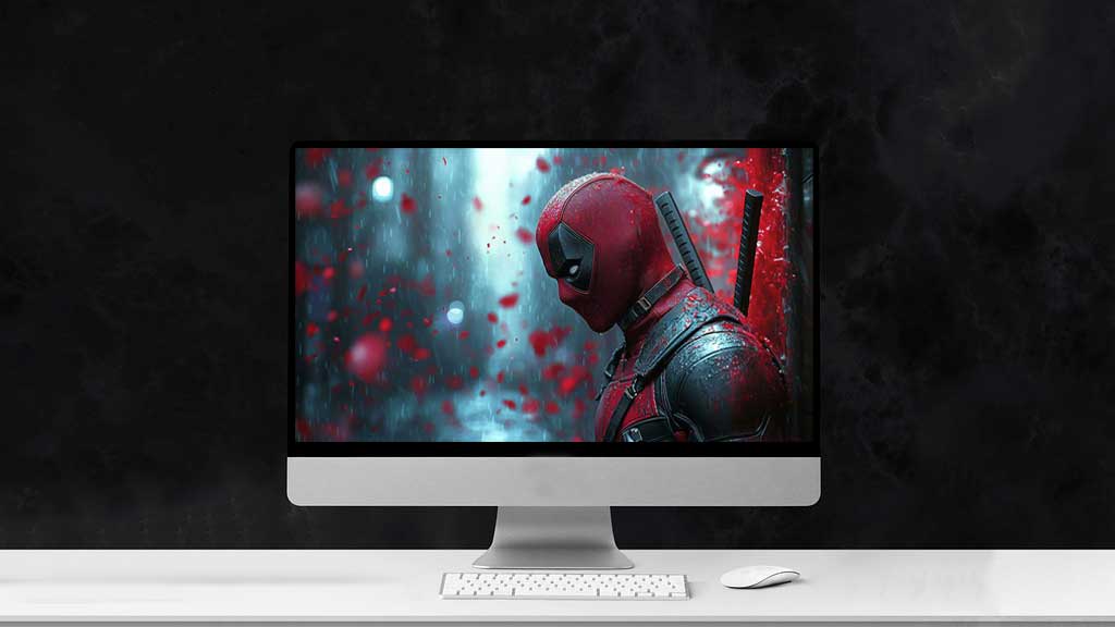 Fond d'écran Deadpool 4K dans une scène de pluie avec un éclairage dramatique en arrière-plan cinématographique Ultra HD pour ordinateur de bureau et mobile