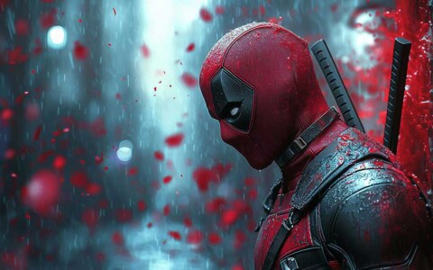 Deadpool 4K wallpaper in rain scene with dramatic lighting cinematic Background Ultra HD for desktop and mobile