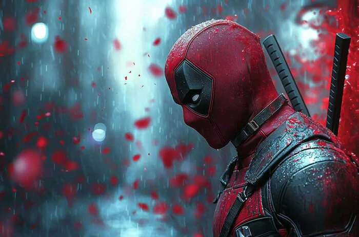 Fond d'écran Deadpool 4K dans une scène de pluie avec un éclairage dramatique en arrière-plan cinématographique Ultra HD pour ordinateur de bureau et mobile