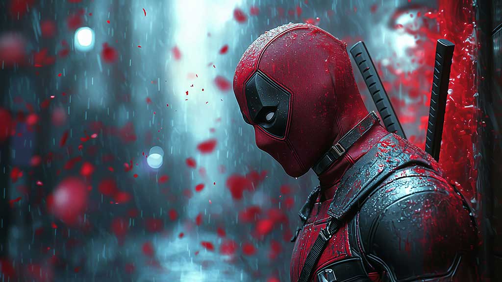 Fond d'écran Deadpool 4K dans une scène de pluie avec un éclairage dramatique en arrière-plan cinématographique Ultra HD pour ordinateur de bureau et mobile