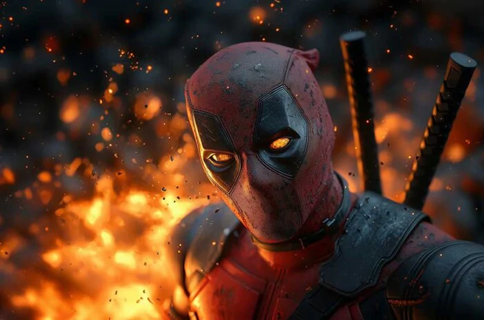 Deadpool 4K wallpaper Marvel superhero dramatic fire effects,background, available in Ultra HD for desktop and mobile