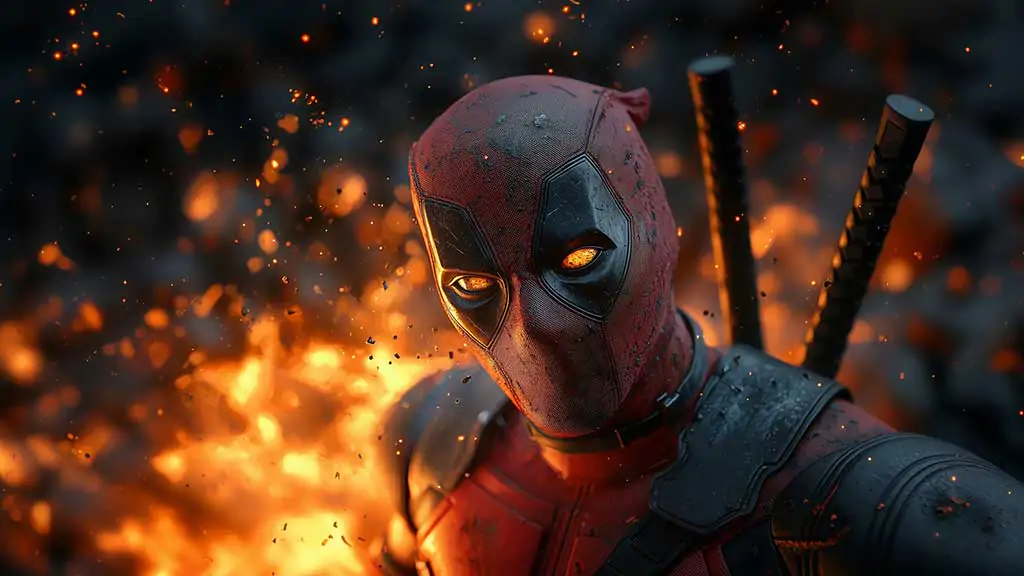 Deadpool 4K wallpaper Marvel superhero dramatic fire effects,background, available in Ultra HD for desktop and mobile