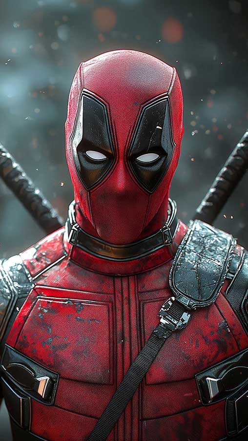 Fond d'écran Deadpool 4K Personnage Marvel en combinaison tactique complète avec katanas, avec effets bokeh et particules, disponible en résolution Ultra HD pour mobile