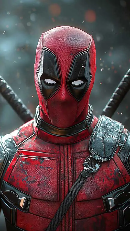 Deadpool 4K wallpaper Marvel character in full tactical suit with katanas, featuring bokeh effects and particles, available in Ultra HD resolution for mobile