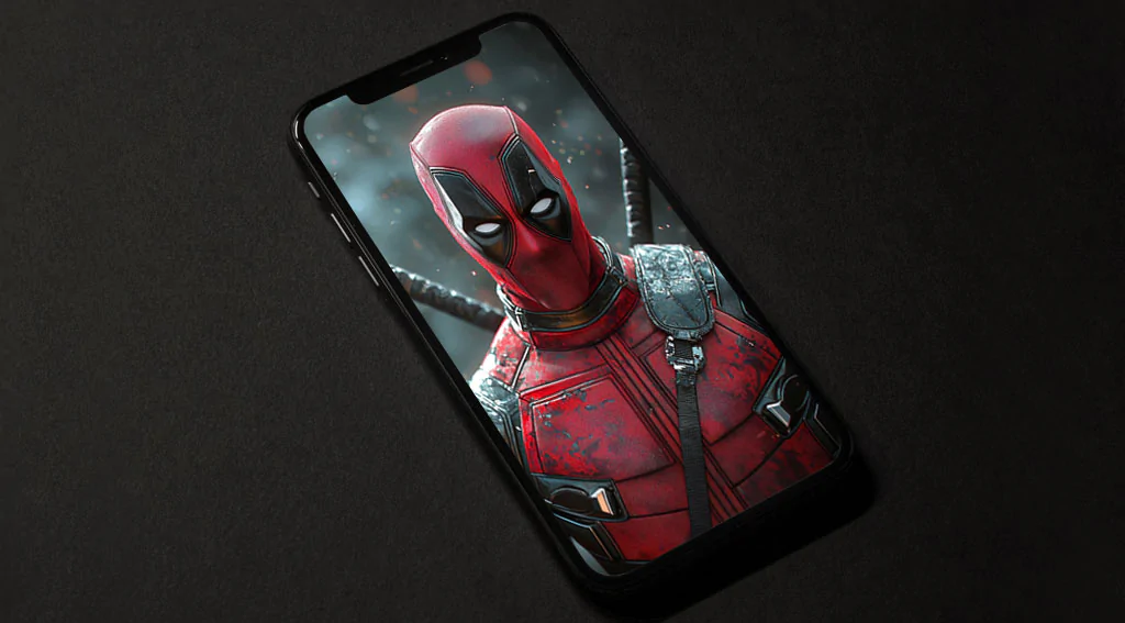 Deadpool 4K wallpaper Marvel character in full tactical suit with katanas, featuring bokeh effects and particles, available in Ultra HD resolution for mobile