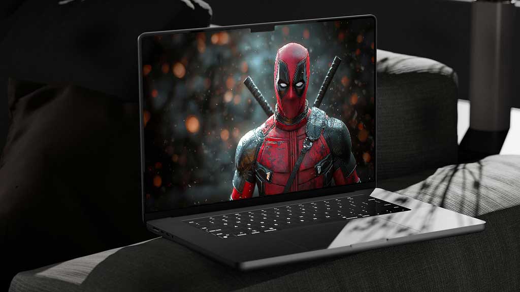 Fond d'écran Deadpool 4K personnage Marvel en tenue tactique complète avec katanas, avec effets bokeh et particules, disponible en résolution Ultra HD