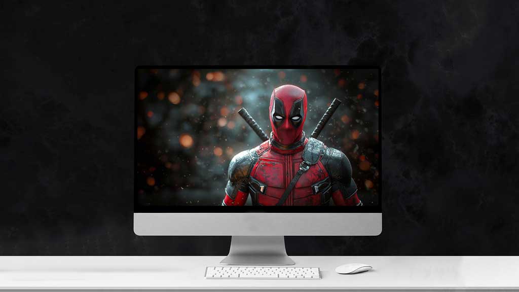Fond d'écran Deadpool 4K personnage Marvel en tenue tactique complète avec katanas, avec effets bokeh et particules, disponible en résolution Ultra HD