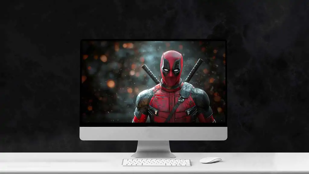 Deadpool 4K wallpaper Marvel character in full tactical suit with katanas, featuring bokeh effects and particles, available in Ultra HD resolution