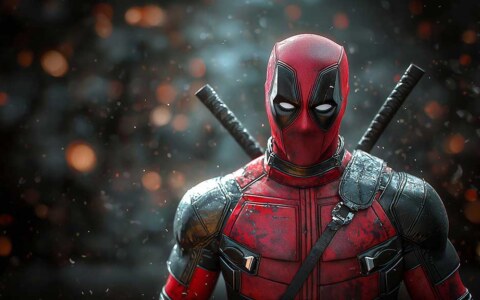 Deadpool 4K wallpaper Marvel character in full tactical suit with katanas, featuring bokeh effects and particles, available in Ultra HD resolution