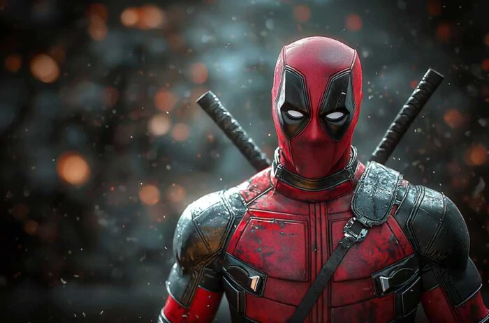 Fond d'écran Deadpool 4K personnage Marvel en tenue tactique complète avec katanas, avec effets bokeh et particules, disponible en résolution Ultra HD