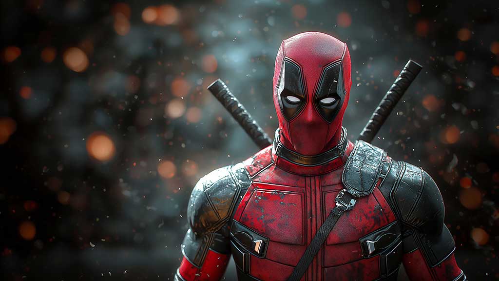 Fond d'écran Deadpool 4K personnage Marvel en tenue tactique complète avec katanas, avec effets bokeh et particules, disponible en résolution Ultra HD