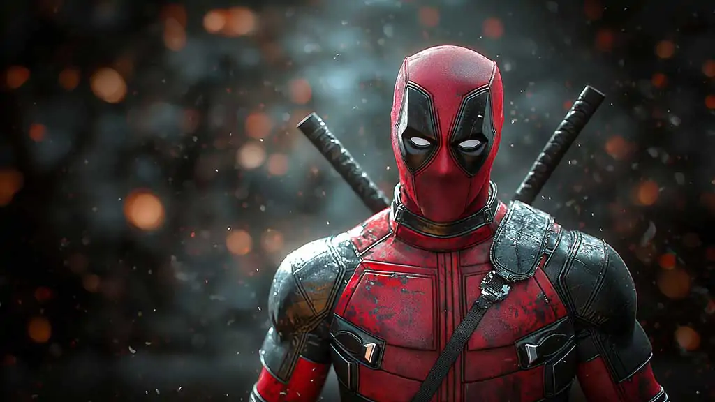 Deadpool 4K wallpaper Marvel character in full tactical suit with katanas, featuring bokeh effects and particles, available in Ultra HD resolution