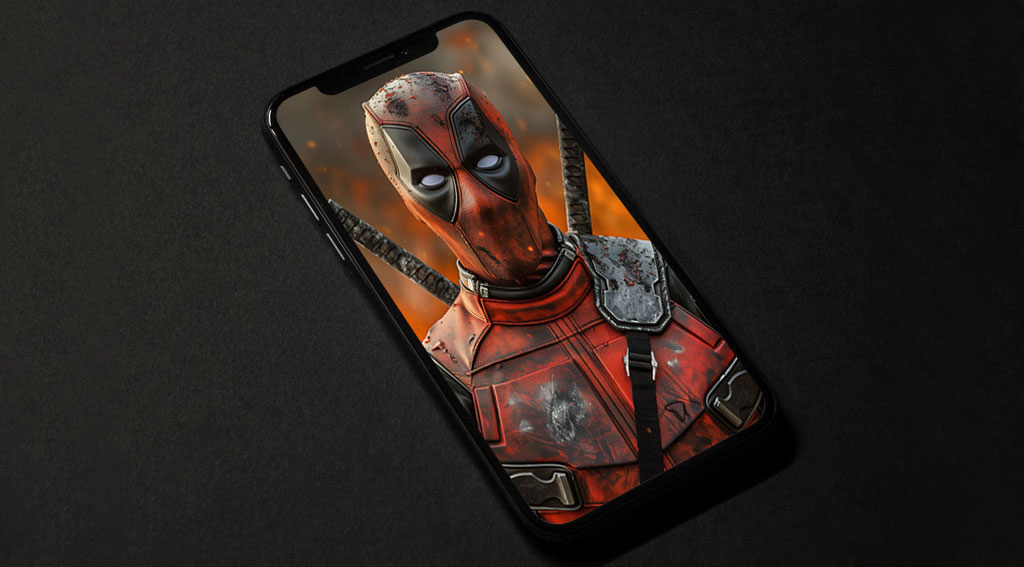 Fond d'écran Deadpool 4K avec un personnage Marvel dans une combinaison tactique endommagée sur fond de feu explosif, téléchargement gratuit Ultra HD pour ordinateur de bureau et mobile