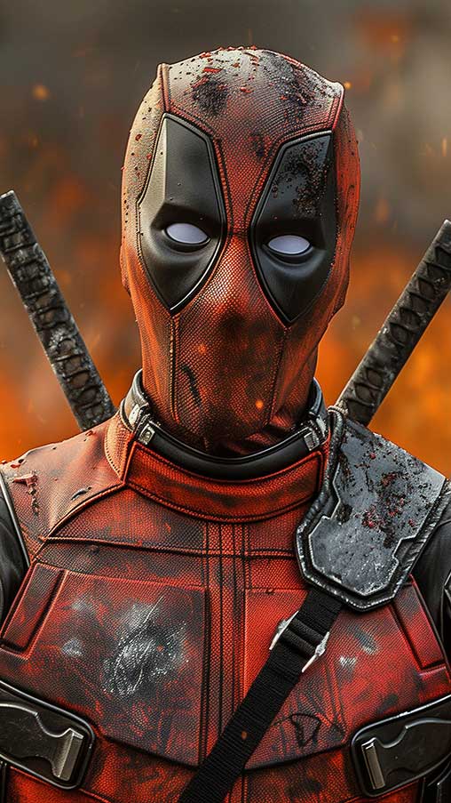 Fond d'écran Deadpool 4K avec un personnage Marvel dans une combinaison tactique endommagée sur fond de feu explosif, téléchargement gratuit Ultra HD pour ordinateur de bureau et mobile
