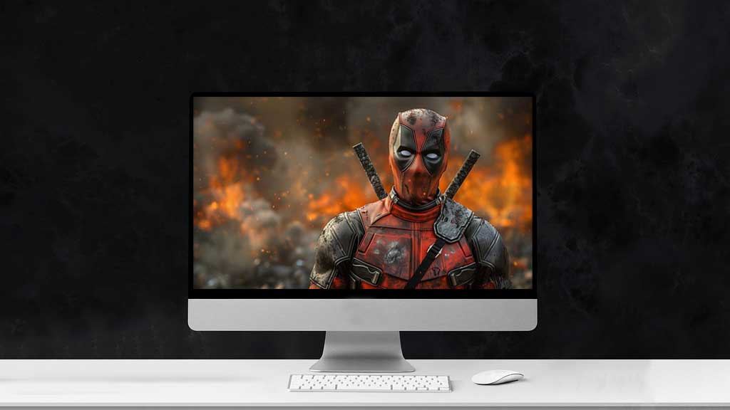 Fond d'écran Deadpool 4K avec un personnage Marvel dans une combinaison tactique endommagée sur fond de feu explosif, téléchargement gratuit Ultra HD pour ordinateur de bureau et mobile