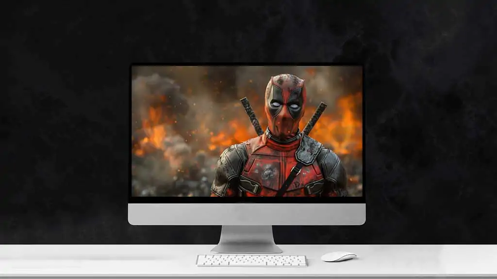 Deadpool 4K wallpaper with Marvel character in damaged tactical suit against explosive fire background, Ultra HD free download for desktop and mobile