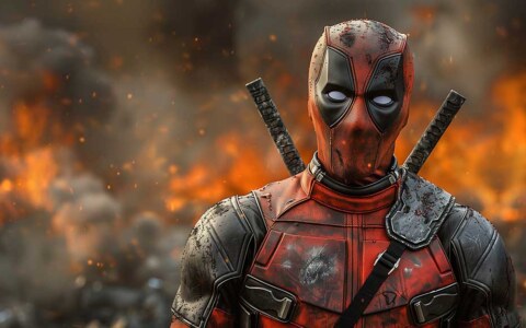 Deadpool 4K wallpaper with Marvel character in damaged tactical suit against explosive fire background, Ultra HD free download for desktop and mobile
