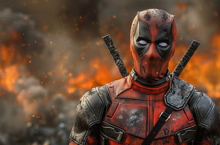 Fond d'écran Deadpool 4K avec un personnage Marvel dans une combinaison tactique endommagée sur fond de feu explosif, téléchargement gratuit Ultra HD pour ordinateur de bureau et mobile