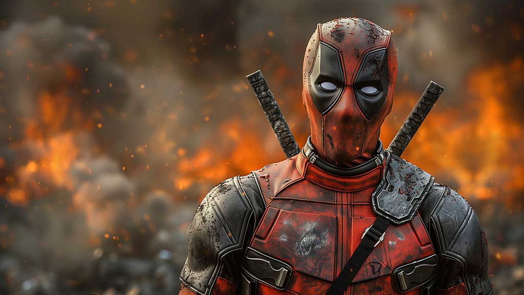 Fond d'écran Deadpool 4K avec un personnage Marvel dans une combinaison tactique endommagée sur fond de feu explosif, téléchargement gratuit Ultra HD pour ordinateur de bureau et mobile