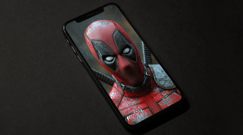 Deadpool 4K wallpaper dramatic rain effects on mask and armor, close-up portrait with katanas in Ultra HD resolution free for desktop and phone