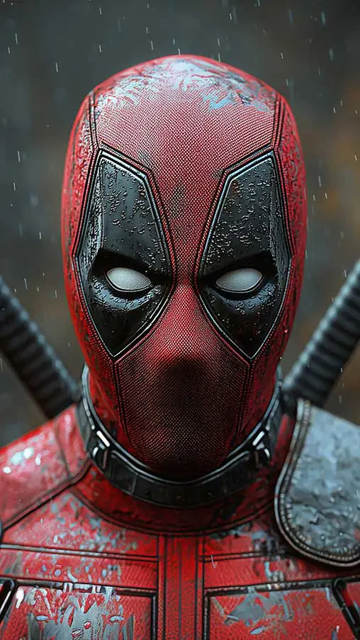 Deadpool 4K wallpaper dramatic rain effects on mask and armor, close-up portrait with katanas in Ultra HD resolution free for desktop and phone