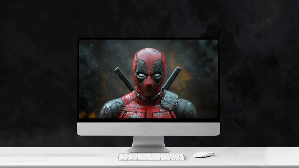 Deadpool 4K wallpaper dramatic rain effects on mask and armor, close-up portrait with katanas in Ultra HD resolution free for desktop and phone