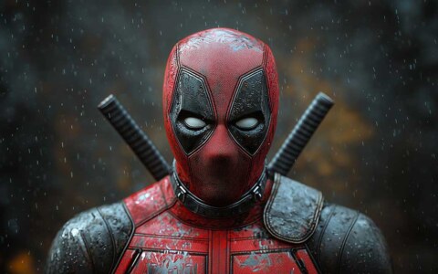 Deadpool 4K wallpaper dramatic rain effects on mask and armor, close-up portrait with katanas in Ultra HD resolution free for desktop and phone