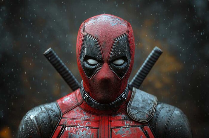 Fond d'écran Deadpool 4K, effets de pluie spectaculaires sur le masque et l'armure, portrait en gros plan avec des katanas en résolution Ultra HD gratuit pour ordinateur de bureau et téléphone