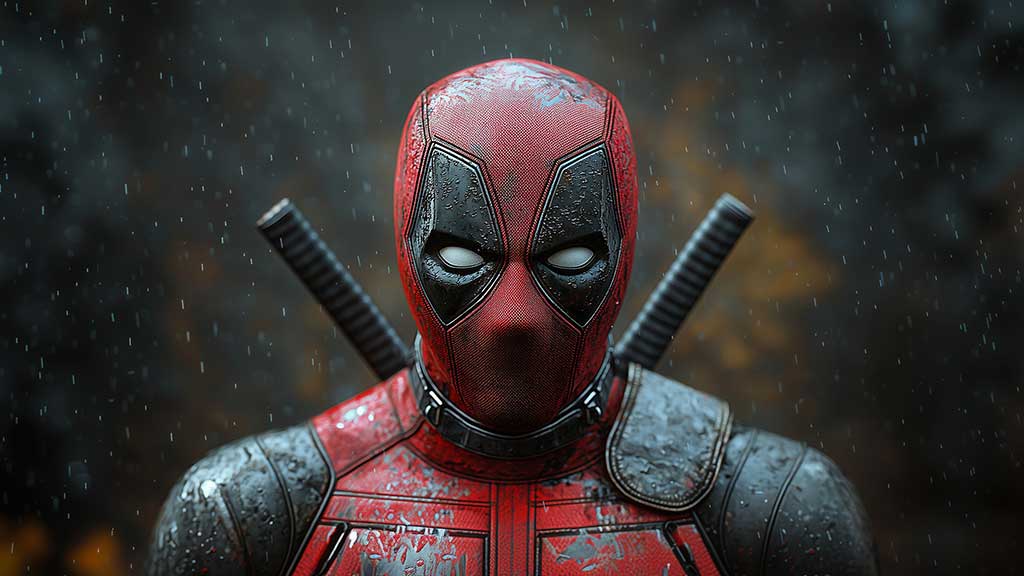 Fond d'écran Deadpool 4K, effets de pluie spectaculaires sur le masque et l'armure, portrait en gros plan avec des katanas en résolution Ultra HD gratuit pour ordinateur de bureau et téléphone