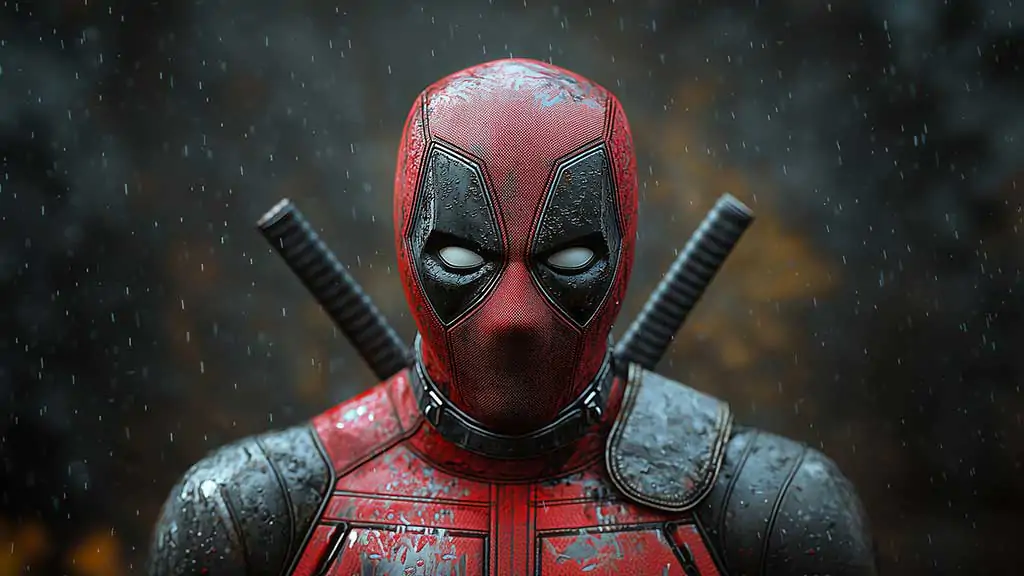 Deadpool 4K wallpaper dramatic rain effects on mask and armor, close-up portrait with katanas in Ultra HD resolution free for desktop and phone