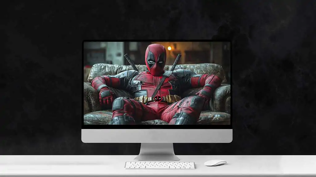 Deadpool 4K wallpaper relaxing in leather armchair, detailed costume and katanas in Ultra HD for desktop and mobile