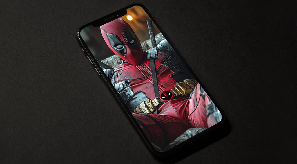 Deadpool 4K wallpaper relaxing in leather armchair, detailed costume and katanas in Ultra HD for desktop and mobile