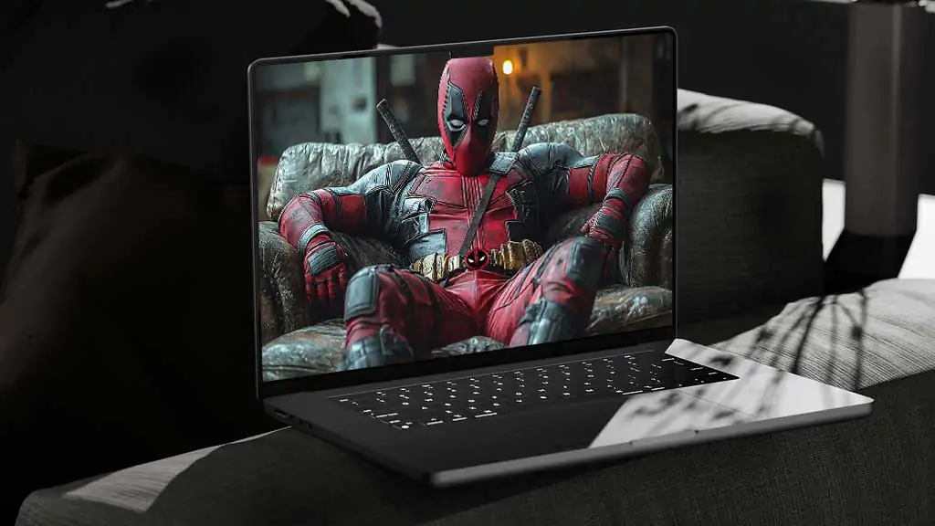 Deadpool 4K wallpaper relaxing in leather armchair, detailed costume and katanas in Ultra HD for desktop and mobile