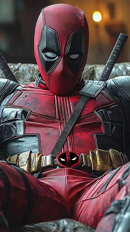 Deadpool 4K wallpaper relaxing in leather armchair, detailed costume and katanas in Ultra HD for desktop and mobile