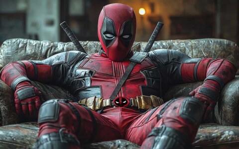 Deadpool 4K wallpaper relaxing in leather armchair, detailed costume and katanas in Ultra HD for desktop and mobile