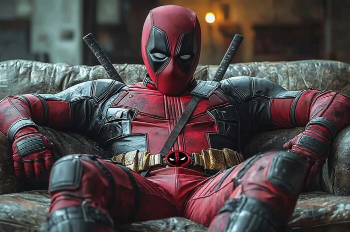 Fond d'écran Deadpool 4K relaxant dans un fauteuil en cuir, costume détaillé et katanas en Ultra HD pour ordinateur de bureau et mobile