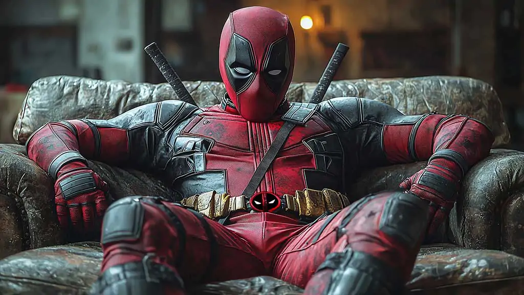 Deadpool 4K wallpaper relaxing in leather armchair, detailed costume and katanas in Ultra HD for desktop and mobile