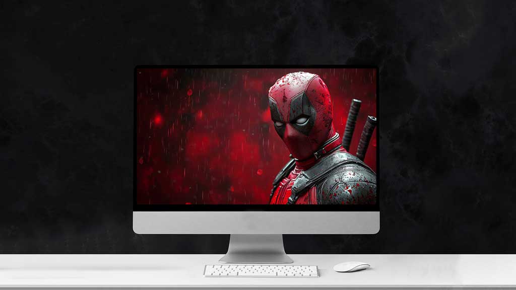 Fond d'écran Deadpool 4K montrant une vue de profil avec des effets de pluie et un fond rouge, avec un costume détaillé et des katanas en résolution Ultra HD