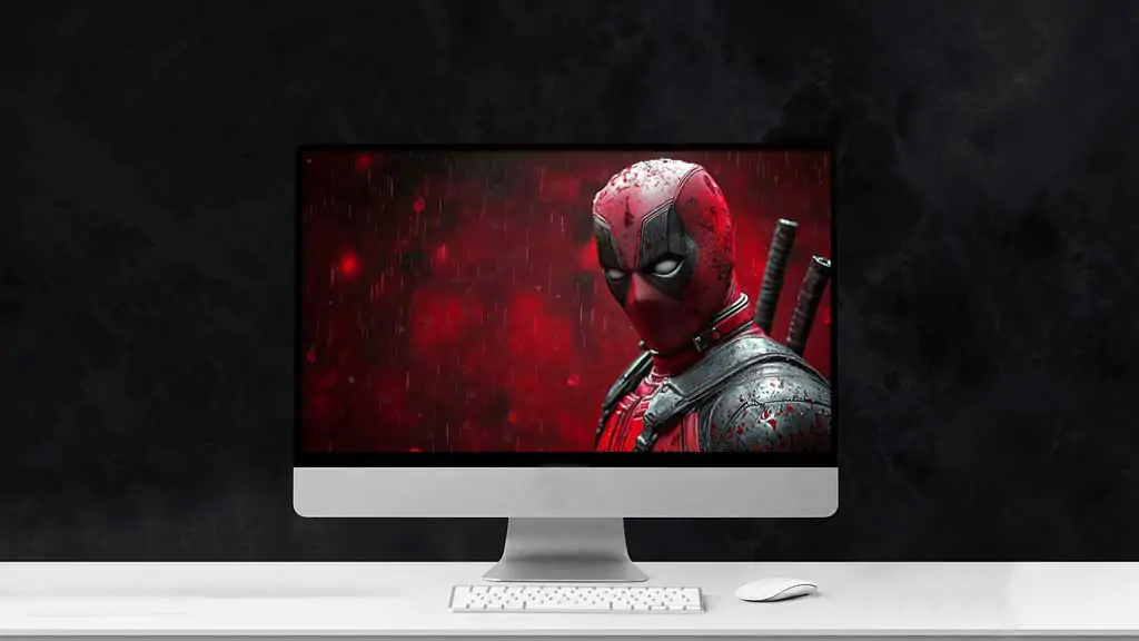 Deadpool 4K wallpaper showing profile view with rain effects and red background, featuring detailed costume and katanas in Ultra HD resolution