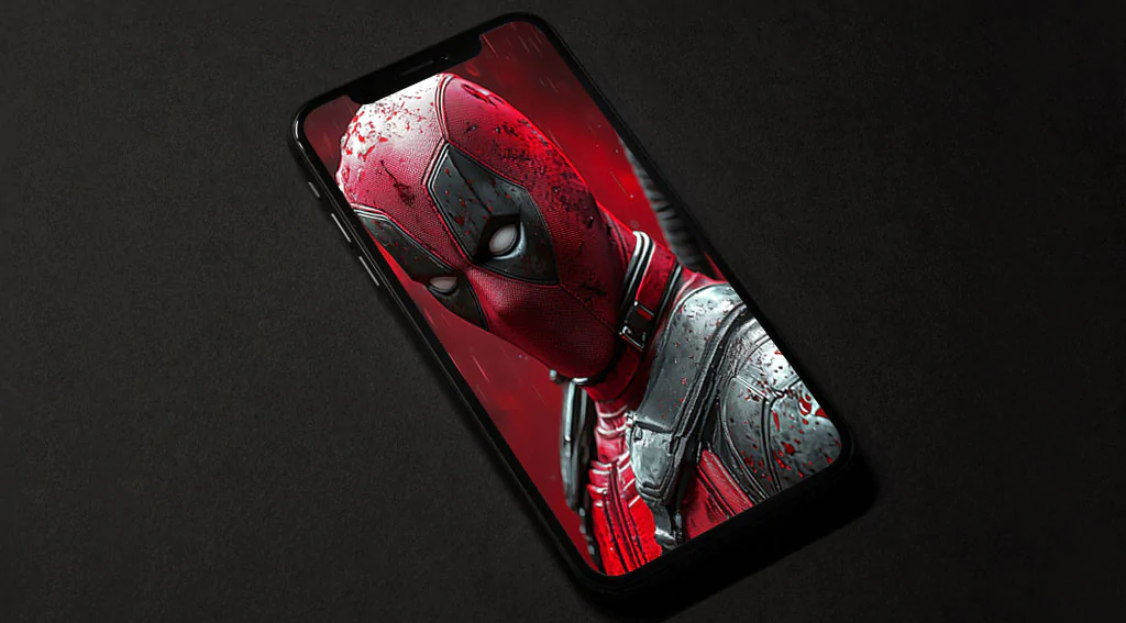 Deadpool 4K wallpaper showing profile view with rain effects and red background, featuring detailed costume and katanas in Ultra HD resolution