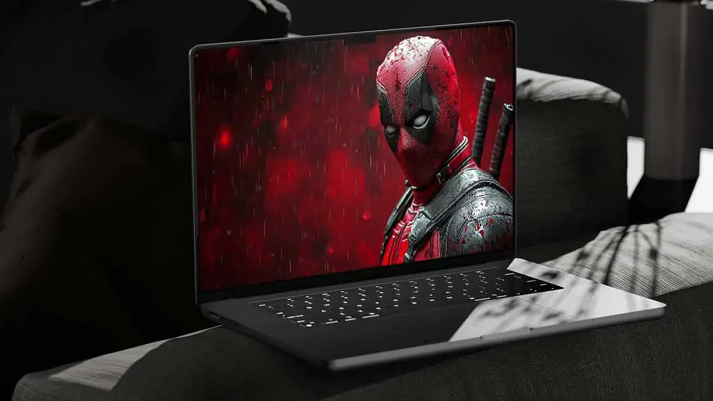 Deadpool 4K wallpaper showing profile view with rain effects and red background, featuring detailed costume and katanas in Ultra HD resolution