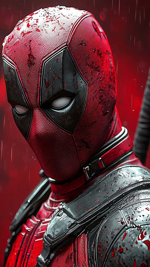 Fond d'écran Deadpool 4K montrant une vue de profil avec des effets de pluie et un fond rouge, avec un costume détaillé et des katanas en résolution Ultra HD