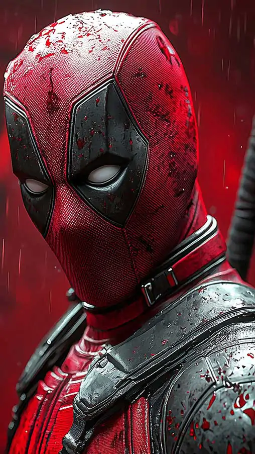 Deadpool 4K wallpaper showing profile view with rain effects and red background, featuring detailed costume and katanas in Ultra HD resolution