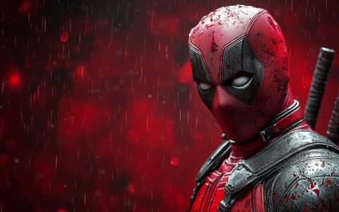 Deadpool 4K wallpaper showing profile view with rain effects and red background, featuring detailed costume and katanas in Ultra HD resolution