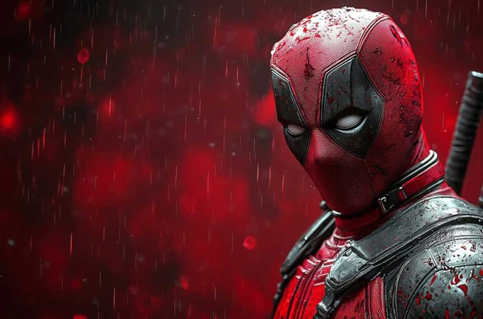 Fond d'écran Deadpool 4K montrant une vue de profil avec des effets de pluie et un fond rouge, avec un costume détaillé et des katanas en résolution Ultra HD