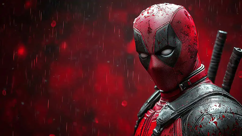 Deadpool 4K wallpaper showing profile view with rain effects and red background, featuring detailed costume and katanas in Ultra HD resolution