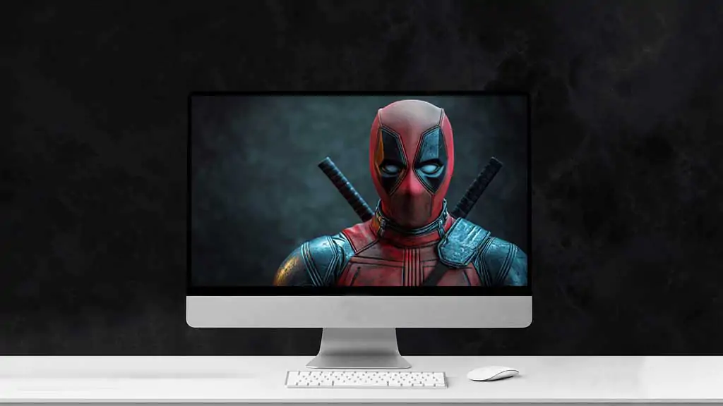 Deadpool 4K wallpaper featuring detailed close-up portrait with textured mask and armor, katanas in Ultra HD for desktop and mobile